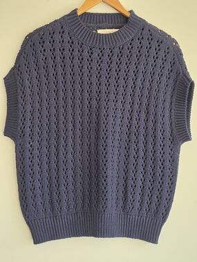 LOFT Navy Open Knit Cotton Blend Short-Sleeve Sweater Large Navy Costal Classic